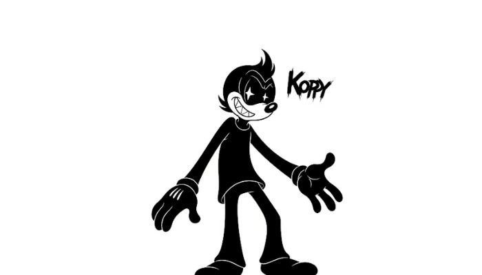 A slender, stylized black cartoon character with sharp teeth and glowing eyes, striking a confident pose on a white background, with the word "KOPPY" next to it.