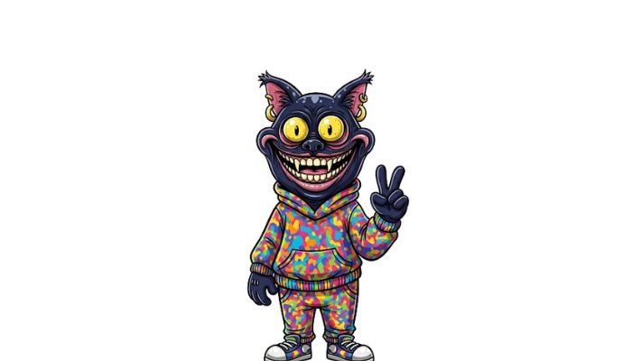 A full-body, dark-skinned cartoon character with an ugly, wide-grinning cat face, large yellow eyes, and pointed ears adorned with piercings, wearing a colorful, speckled hoodie and matching pants, giving a peace sign on a white background.