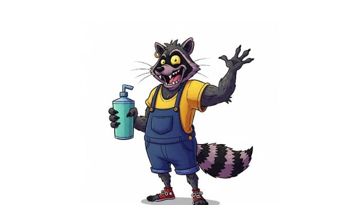 A full-body, dark-skinned cartoon character with an ugly raccoon face, holding a blue spray bottle and waving, dressed in a yellow t-shirt and blue overalls, against a white background.