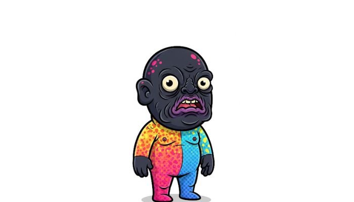 A full-body, dark-skinned cartoon character with an ugly, wrinkled blobfish-like face and small, wide eyes, wearing a colorful, speckled bodysuit that is half pink and half blue, standing on a white background.