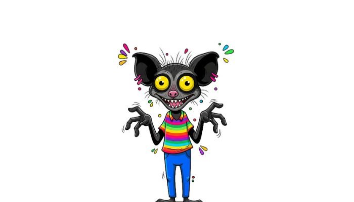 A full-body, dark-skinned cartoon character with an ugly Aye-Aye face, large yellow eyes, and prominent ears, wearing a rainbow-striped shirt and blue pants, with colorful splatters around it, against a white background.