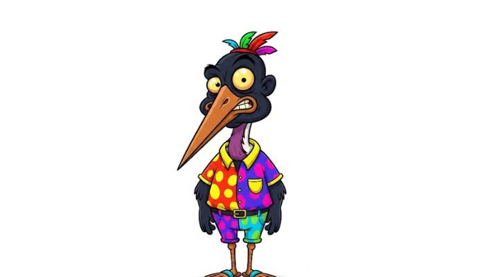 A full-body, dark-skinned cartoon character with an ugly, wrinkled Marabou Stork face, large yellow eyes, and a long beak, wearing a colorful, speckled hoodie and matching pants, standing on a white background.