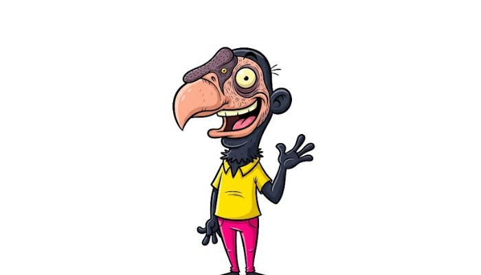 A full-body, dark-skinned cartoon character with an ugly, wrinkled California Condor face, a large beak, and a long neck, wearing a yellow t-shirt and pink pants, with one hand raised in a wave, against a white background.