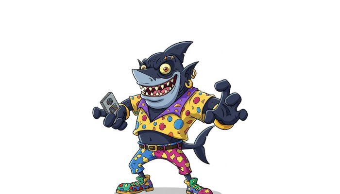 A full-body, dark-skinned cartoon character with an ugly, elongated Goblin Shark face, featuring sharp teeth and small eyes, wearing a colorful, speckled hoodie and matching shorts, giving a peace sign on a white background.
