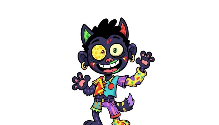 A dark-skinned cartoon character with dog-like ears, wearing a purple hooded sweatshirt and blue pants, smiling broadly against a white background.