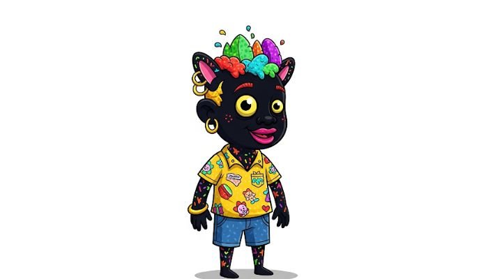 A dark-skinned, cat-eared cartoon character with colorful hair tufts, wearing a yellow Hawaiian shirt and blue shorts, covered in colorful speckles, standing on a white background.