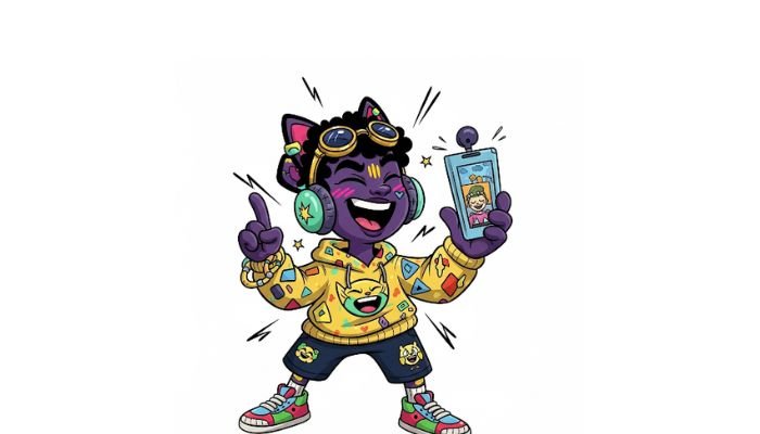 A dark-skinned, cat-eared cartoon character with glowing yellow markings, wearing headphones and a yellow hoodie, holding a smartphone and giving a thumbs-up against a white background.