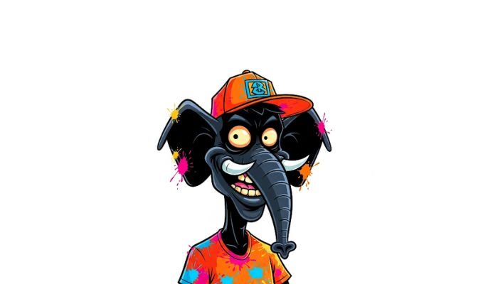 A dark-skinned, funny cartoon character with an exaggerated, somewhat ugly elephant face, wearing an orange baseball cap and a colorful t-shirt, splattered with bright paint, against a white background.