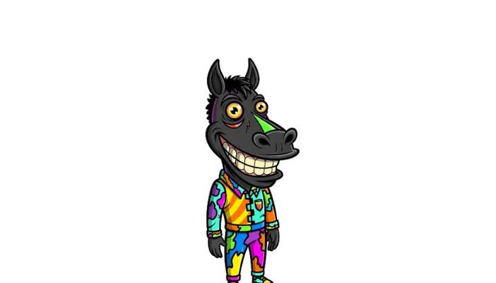 A full-body, dark-skinned cartoon character with an exaggerated, funny horse face, wearing a brightly colored, patchwork jumpsuit against a white background.