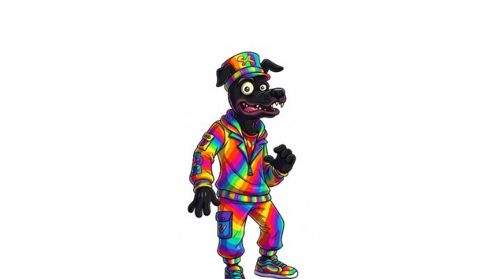 A full-body, dark-skinned cartoon character with an ugly dog face, wearing a brightly colored rainbow-patterned hoodie, pants, and shoes, and a matching cap, standing against a white background.