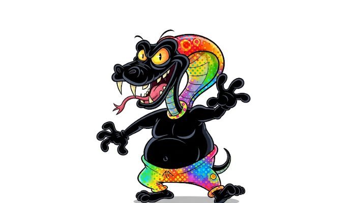A full-body, dark-skinned cartoon character with an ugly snake-like head, featuring a vibrant rainbow pattern on its neck, wearing colorful patterned shorts and extending one arm as if to greet someone, against a white background.