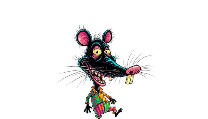 A full-body, dark-skinned cartoon character with an exaggerated, ugly rat face, large pink ears, and long whiskers, wearing a colorful polka-dotted shirt and striped pants, seemingly stumbling forward on a white background.