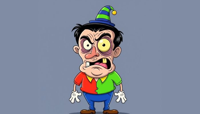 Cartoon character with a striped hat, red and green shirt, and a grumpy expression.