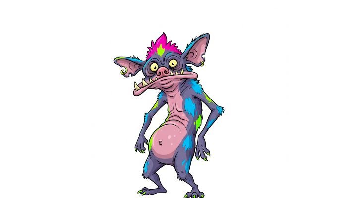 A cartoon of a skinny, purple and blue creature with pink hair, large ears, and sharp green claws, standing on a white background.