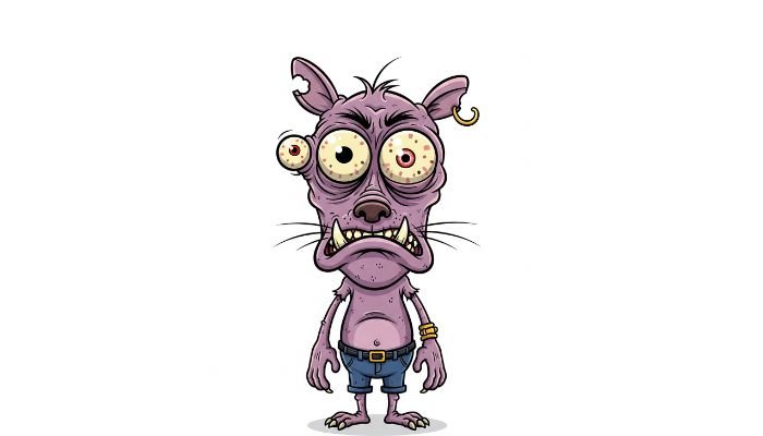 A Ugly Animal Cartoon Characters of a skinny, purple creature with multiple large, bloodshot eyes, big teeth, wearing blue shorts and a gold bracelet, standing on a white background.
