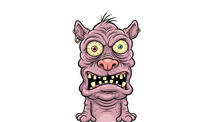 A cartoon close-up of a pink, wrinkled creature with mismatched red and blue eyes, a large nose, and many jagged teeth, on a white background.