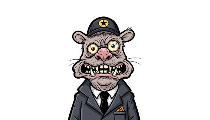 A cartoon bust of a grey, wrinkled creature with mismatched red and blue eyes, a large snout, jagged teeth, wearing a black police hat and a dark suit with a tie and pocket square, on a white background.