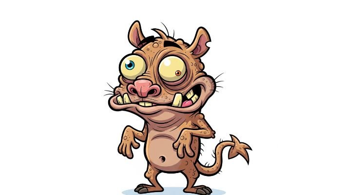 A Ugly Animal Cartoon Characters of a light brown, slightly hunched creature with large mismatched eyes, a large snout, prominent teeth, and a long tail with a spade-shaped tip, standing on a white background.