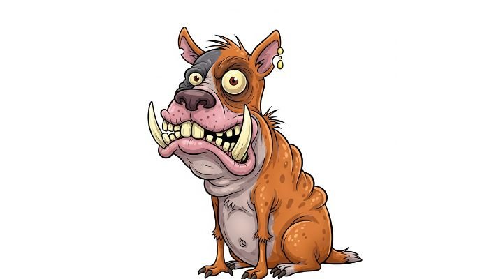 A cartoon of a sitting brown creature with a grey face, large tusks, big eyes, and spots on its body, on a white background.