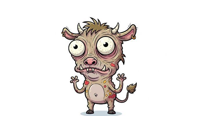 A Ugly Animal Cartoon Characters of a small, beige creature with large, bulging eyes, small horns, a large nose, prominent teeth, and red and yellow spots on its body, on a white background.