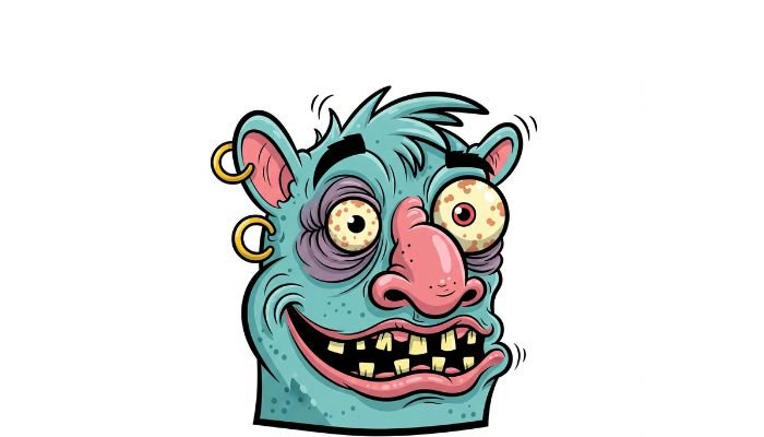 A cartoon head of a light blue creature with a large pink nose, mismatched yellow and red eyes, and many jagged teeth, with gold hoop earrings, on a white background.