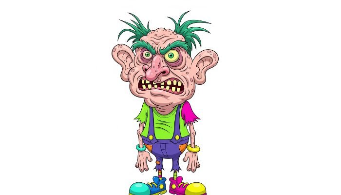 Ugly cartoon creature with pink, wrinkled skin, purple overalls, and a snarling expression.