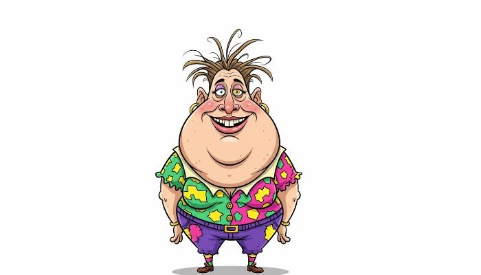 Ugly fat female cartoon character with an exaggerated smile and quirky outfit on a plain white background.
