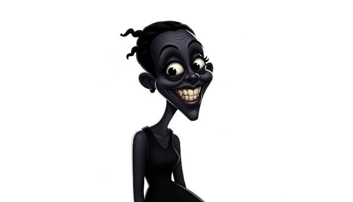 A cartoon illustration of a dark-skinned female character with a long neck, large wide eyes, and a very wide, toothy grin, wearing a dark dress against a white background.