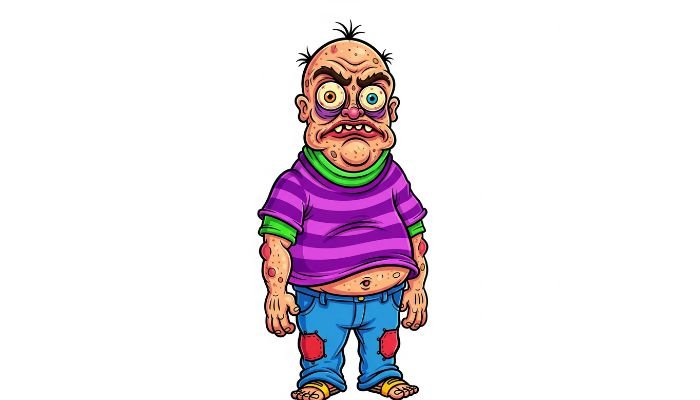 Ugly cartoon character with a bald head, purple striped shirt, blue jeans with patches, and mismatched eyes on a white background.
