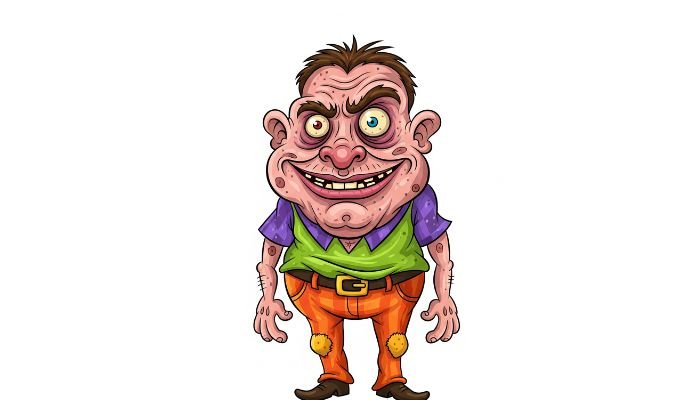 Ugly cartoon character with spiky brown hair, mismatched eyes, a purple shirt over a green vest, and orange pants on a white background.