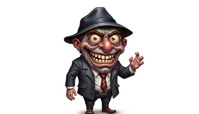 Ugly cartoon character wearing a black fedora and suit, with a wide, toothy grin and bulging eyes, on a white background.
