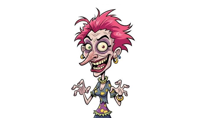 Ugly female cartoon character with spiky pink hair, a long nose, mismatched eyes, and a tattered top, on a white background.