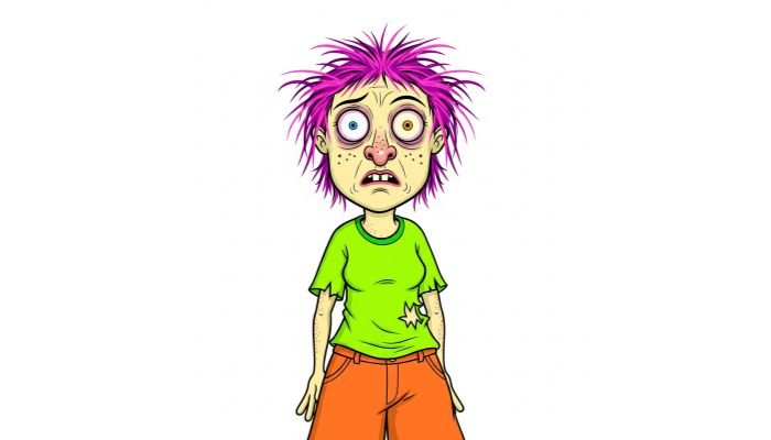 Ugly female cartoon character with messy pink hair, large eyes, a green t-shirt, and orange pants, on a white background.