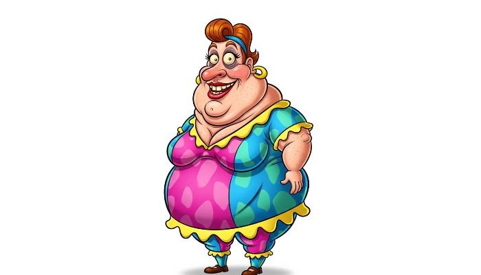 Ugly fat female cartoon character with a wide grin and colorful clothes against a plain white background.