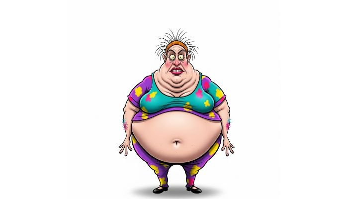 Ugly fat female cartoon character with a wide, open mouth expression and large belly, on a plain white background.