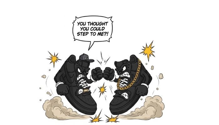 A Black Air Force 1 Meme cartoon of two angry black Nike Air Force 1 sneakers with faces, fists, and accessories, facing each other as if to fight. A speech bubble above one of the sneakers says, "YOU THOUGHT YOU COULD STEP TO ME?!"