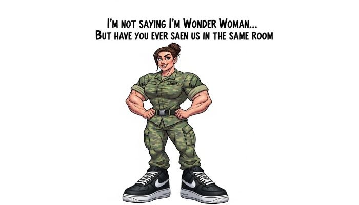 A cartoon image of a muscular army woman wearing a camouflage uniform and oversized black Nike Air Force 1 sneakers. Text above her reads, "I'M NOT SAYING I'M WONDER WOMAN... BUT HAVE YOU EVER SAEN US IN THE SAME ROOM".