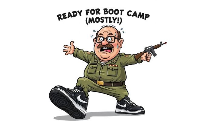 A cartoon image of a portly army man with a mustache and glasses, wearing a too-small uniform and comically large black Nike Air Force 1 sneakers. Text above him reads, "READY FOR BOOT CAMP (MOSTLY!)".