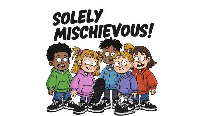 A cartoon image of a group of kids wearing black Nike Air Force 1 sneakers. The text above them reads, "SOLELY MISCHIEVOUS!".