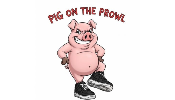 A cartoon pig with a mischievous grin wears black Nike Air Force 1 sneakers. The text above the pig reads, "PIG ON THE PROWL".