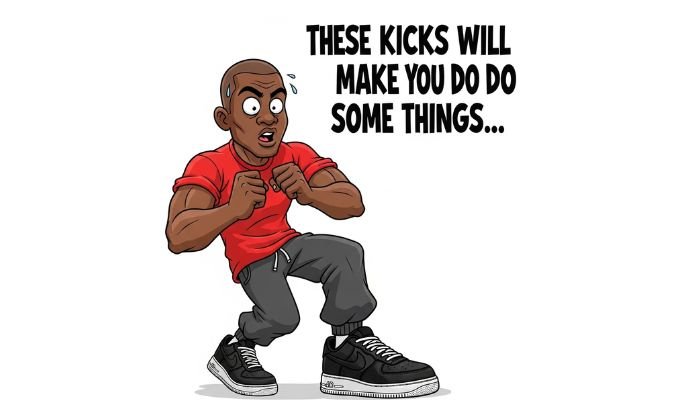 A cartoon image of a muscular Black man with a surprised expression, wearing a red t-shirt and oversized black Nike Air Force 1 sneakers. The text above him reads, "THESE KICKS WILL MAKE YOU DO DO SOME THINGS...".