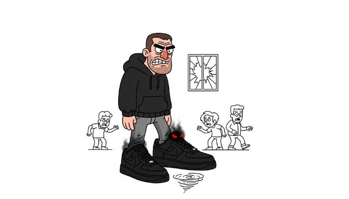 A Black Air Force 1 Meme cartoon character wearing a hoodie and menacingly large, smoke-emitting black Nike Air Force 1 sneakers with glowing red eyes. Other cartoon figures are shown nervously running away from him.