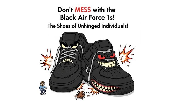 A cartoon image of two black Nike Air Force 1 sneakers with menacing faces, along with the text, "Don't MESS with the Black Air Force 1s! The Shoes of Unhinged Individuals!"