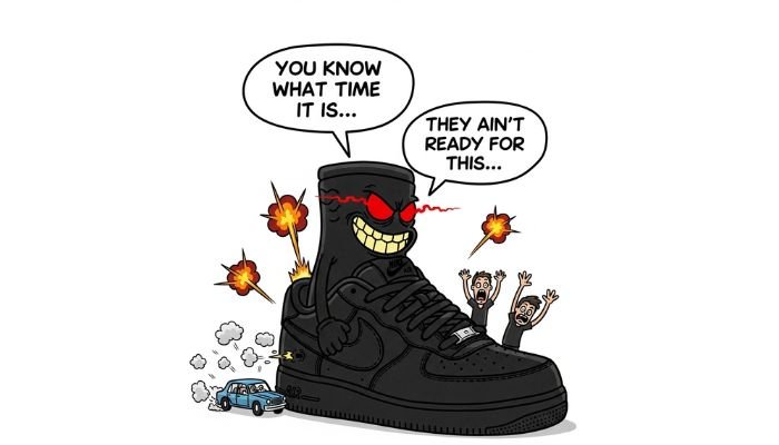 A cartoon image of an oversized black Nike Air Force 1 sneaker with a menacing face. Two speech bubbles contain the text "YOU KNOW WHAT TIME IT IS..." and "THEY AIN'T READY FOR THIS..."