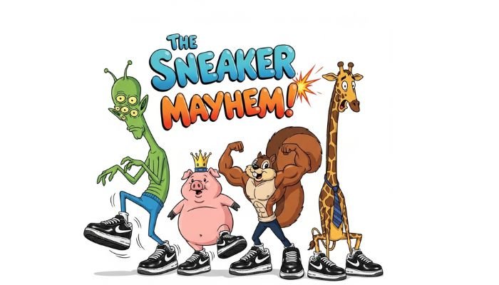 A Black Air Force 1 Meme cartoon image of a group of funny characters, including an alien, a pig, a squirrel, and a giraffe, all wearing oversized black Nike Air Force 1 sneakers. The text above them reads, "THE SNEAKER MAYHEM!"