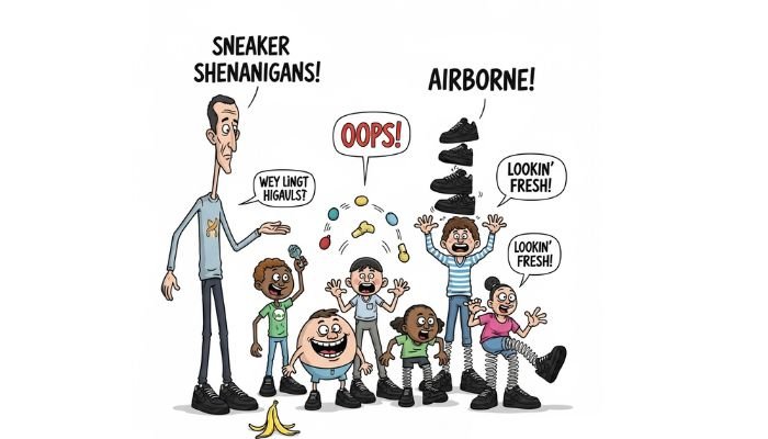 A cartoon image with various funny characters wearing black Nike Air Force 1 sneakers, along with text bubbles that read "SNEAKER SHENANIGANS!", "OOPS!", and "AIRBORNE!".