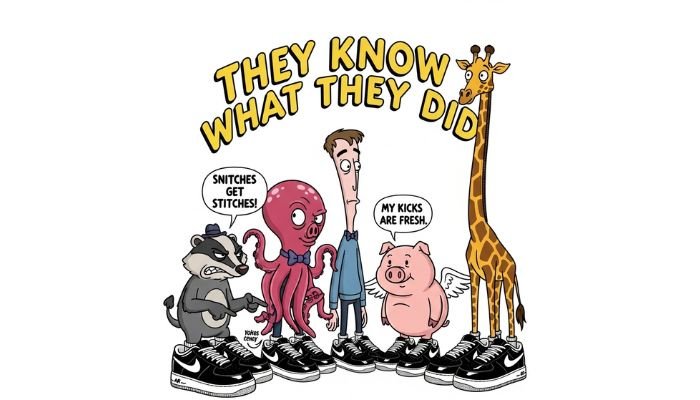 A cartoon image with a group of funny characters, including a badger, an octopus, a human, a pig, and a giraffe, all wearing oversized black Nike Air Force 1 sneakers. The text at the top of the image reads, "THEY KNOW WHAT THEY DID."