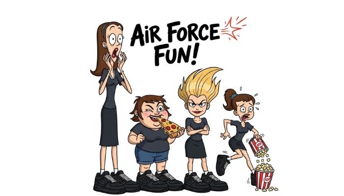 A cartoon image of four funny women, each wearing oversized black Nike Air Force 1 sneakers. The text at the top reads, "AIR FORCE FUN!"