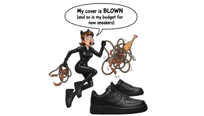 A cartoon image of a female spy wearing a black catsuit and oversized black Nike Air Force 1 sneakers, holding a tangled rope with sausages and a rubber chicken. A speech bubble contains the text, "My cover is BLOWN (and so is my budget for new sneakers)".