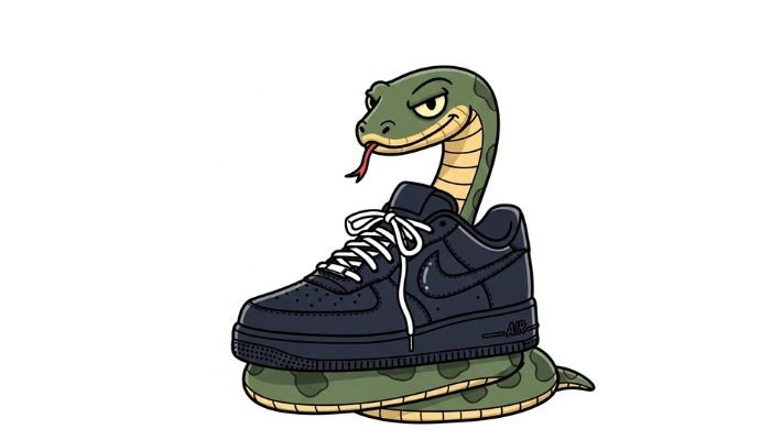 A cartoon snake is coiled up and wearing oversized black Nike Air Force 1 sneakers.